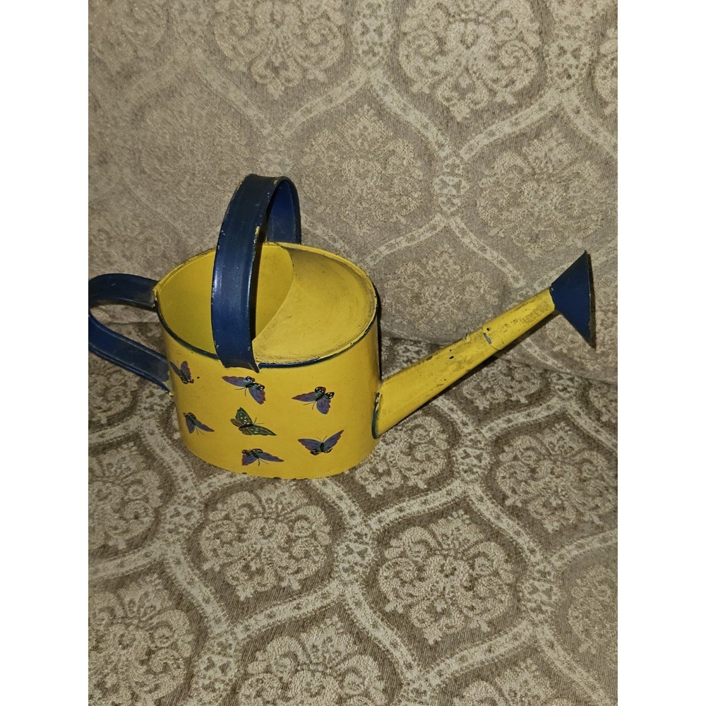 Whimsical Vintage Metal Watering Can With Painted Butterflies Yellow And Blue